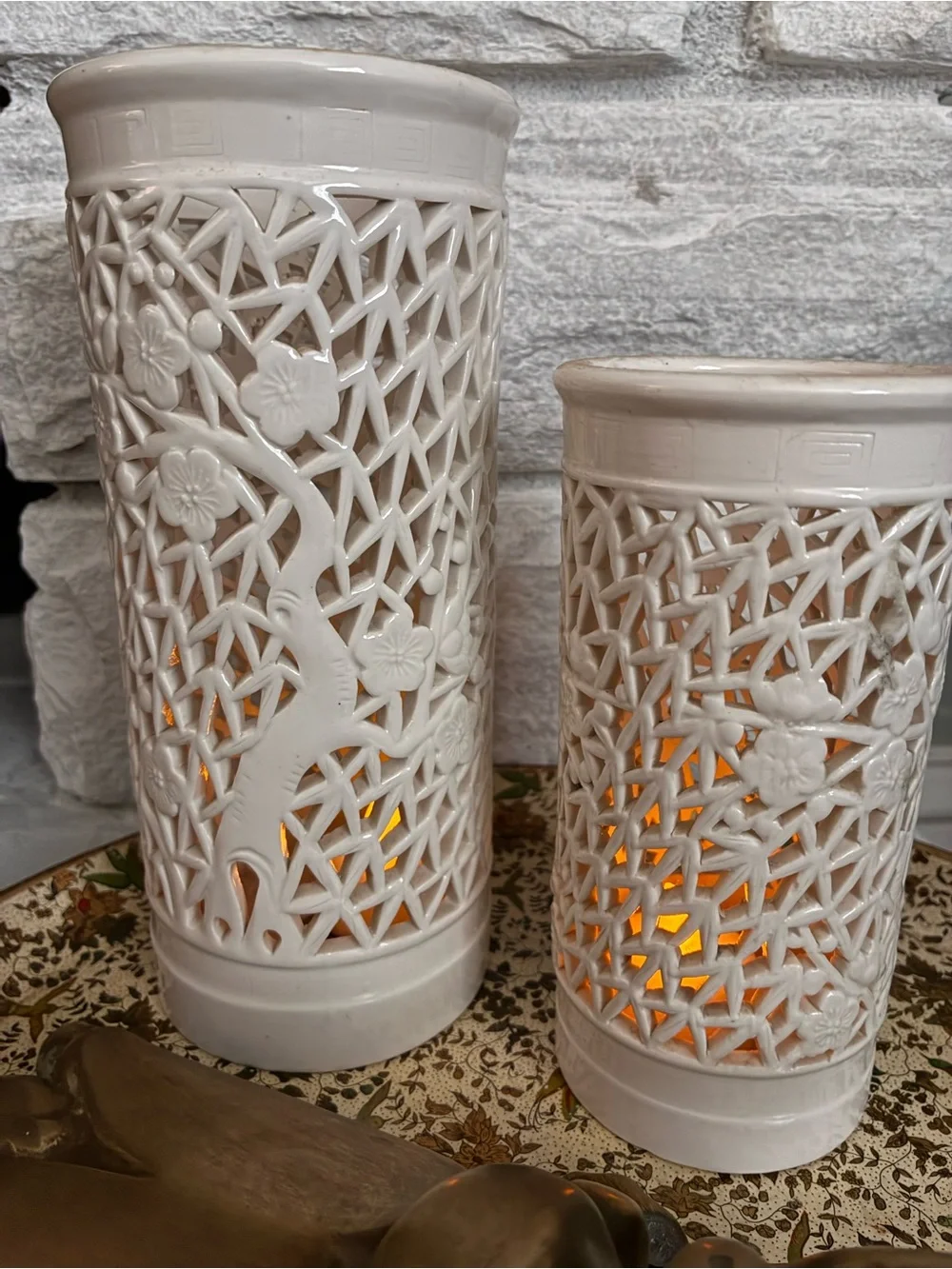Vtg CHINESE BLANC DE CHINE RETICULATED CHERRY BLOSSOM lamp open vase porcelain
